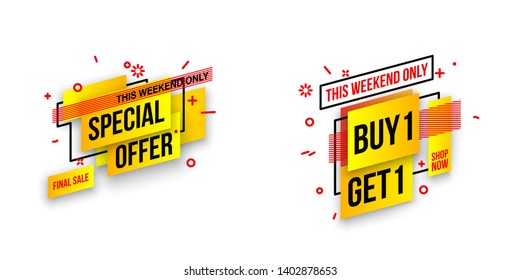 Abstract mega sale flat badges geometric shapes set. Final sale banner isolated on white background. Yellow, red, green and black colors special offer banner set. Shop now web app, poster illustration