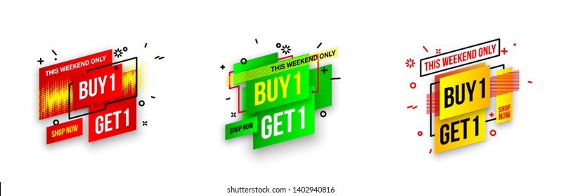 Abstract mega sale flat badges geometric shapes set. Final sale banner isolated on white background. Yellow, red, green and black colors special offer banner set. Shop now web app, poster illustration