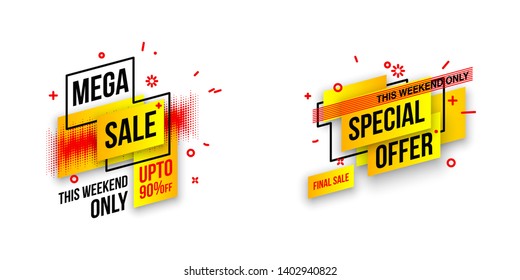 Abstract mega sale flat badges geometric shapes set. Final sale banner isolated on white background. Yellow, red, green and black colors special offer banner set. Shop now web app, poster illustration