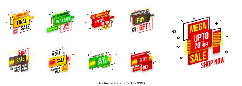 Abstract mega sale flat badges geometric shapes set. Final sale banner isolated on white background. Yellow, red, green and black colors special offer banner set. Shop now web app, poster illustration