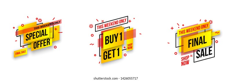Abstract mega sale flat badges geometric shapes set. Final sale banner isolated on white background. Yellow, red, green and black colors special offer banner set. Shop now web app, poster illustration