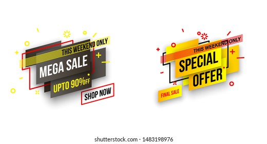 Abstract mega sale flat badges geometric shapes set. Final sale banner isolated on white background. Yellow, red, green and black colors special offer banner set. Shop now web app, poster illustration