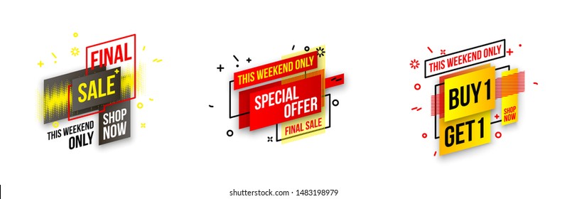 Abstract mega sale flat badges geometric shapes set. Final sale banner isolated on white background. Yellow, red, green and black colors special offer banner set. Shop now web app, poster illustration