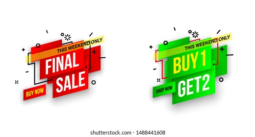 Abstract mega sale flat badges geometric shapes set. Final sale banner isolated on white background. Yellow, red, green and black colors special offer banner set. Shop now web app, poster illustration