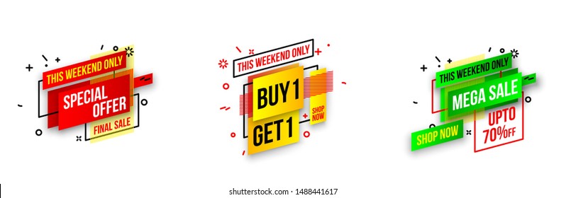 Abstract mega sale flat badges geometric shapes set. Final sale banner isolated on white background. Yellow, red, green and black colors special offer banner set. Shop now web app, poster illustration