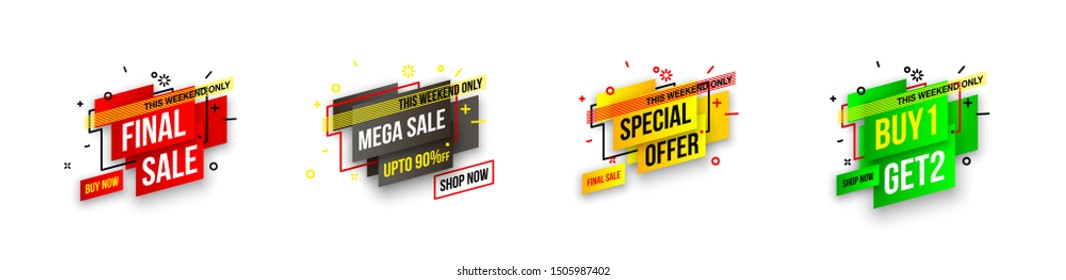 Abstract mega sale flat badges geometric shapes set. Final sale banner isolated on white background. Yellow, red, green and black colors special offer banner set. Shop now web app, poster illustration