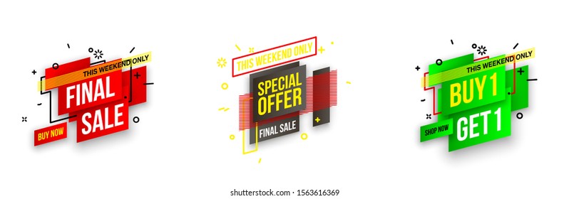 Abstract mega sale flat badges geometric shapes set. Final sale banner isolated on white background. Yellow, red, green and black colors special offer banner set. Shop now web app, poster illustration