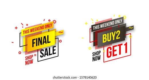 Abstract mega sale flat badges geometric shapes set. Final sale banner isolated on white background. Yellow, red, green and black colors special offer banner set. Shop now web app, poster illustration