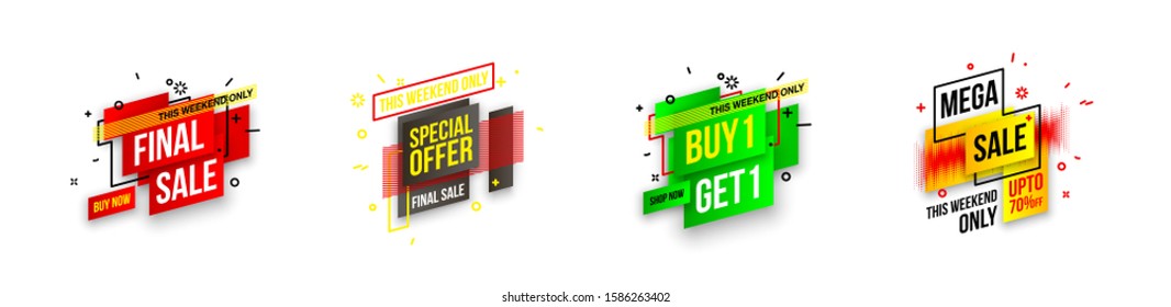 Abstract mega sale flat badges geometric shapes set. Final sale banner isolated on white background. Yellow, red, green and black colors special offer banner set. Shop now web app, poster illustration