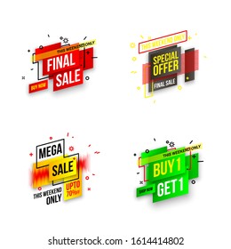 Abstract mega sale flat badges geometric shapes set. Final sale banner isolated on white background. Yellow, red, green and black colors special offer banner set. Shop now web app, poster illustration