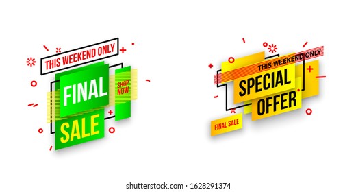 Abstract mega sale flat badges geometric shapes set. Final sale banner isolated on white background. Yellow, red, green and black colors special offer banner set. Shop now web app, poster illustration