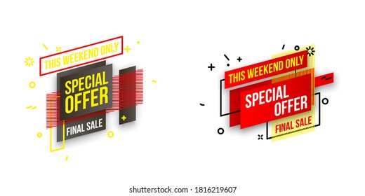 Abstract mega sale flat badges geometric shapes set. Final sale banner isolated on white background. Yellow, red, green and black colors special offer banner set. Shop now web app, poster illustration