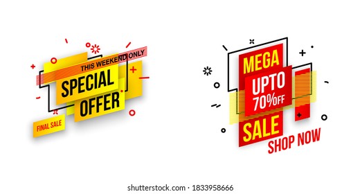 Resumen mega venta de placas planas de formas geométricas establecidas. Banner de venta final aislado de fondo blanco. Colores amarillos, rojos, verdes y negros ofrecen un juego de banners especial. Ver ahora aplicación web, ilustración de afiches