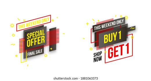 Abstract mega sale flat badges geometric shapes set. Final sale banner isolated on white background. Yellow, red, green and black colors special offer banner set. Shop now web app, poster illustration