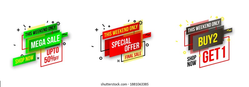 Abstract mega sale flat badges geometric shapes set. Final sale banner isolated on white background. Yellow, red, green and black colors special offer banner set. Shop now web app, poster illustration