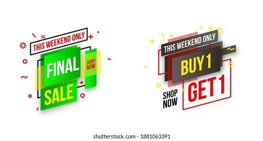 Abstract mega sale flat badges geometric shapes set. Final sale banner isolated on white background. Yellow, red, green and black colors special offer banner set. Shop now web app, poster illustration