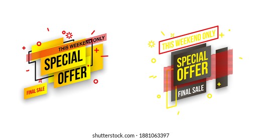 Abstract mega sale flat badges geometric shapes set. Final sale banner isolated on white background. Yellow, red, green and black colors special offer banner set. Shop now web app, poster illustration