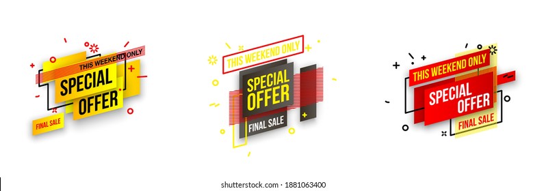 Abstract mega sale flat badges geometric shapes set. Final sale banner isolated on white background. Yellow, red, green and black colors special offer banner set. Shop now web app, poster illustration