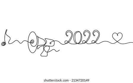 Abstract megaphone with 2022 as continuous lines drawing on white background. Vector