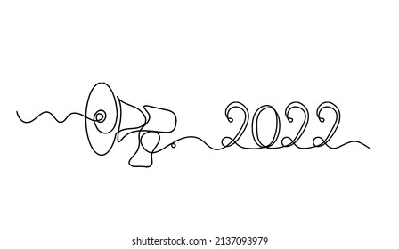 Abstract megaphone with 2022 as continuous lines drawing on white background. Vector