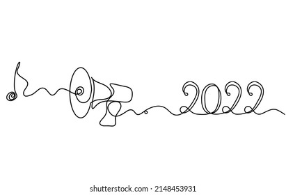 Abstract megaphone with 2022 as continuous lines drawing on white background. Vector