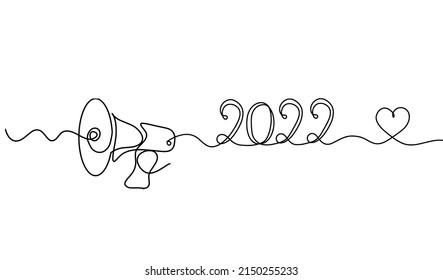 Abstract megaphone with 2022 as continuous lines drawing on white background. Vector