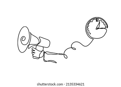 Abstract megaphone with clock as continuous lines drawing on white background. Vector