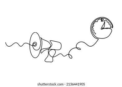 Abstract megaphone with clock as continuous lines drawing on white background. Vector