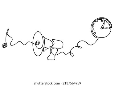 Abstract megaphone with clock as continuous lines drawing on white background. Vector