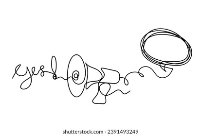 Abstract megaphone and comment as continuous lines drawing on white background. Vector