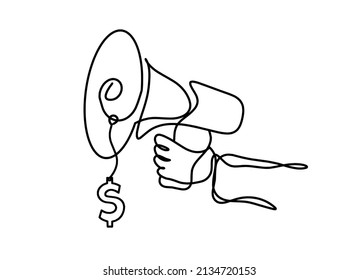 Un megáfono abstracto con el dólar como líneas continuas dibujando sobre fondo blanco. Vector