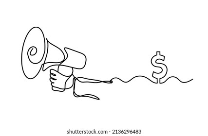 Abstract megaphone with dollar as continuous lines drawing on white background. Vector