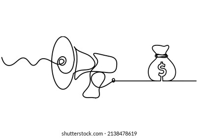 Abstract megaphone with dollar as continuous lines drawing on white background. Vector