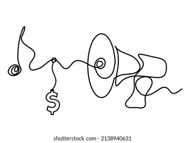 Un megáfono abstracto con el dólar como líneas continuas dibujando sobre fondo blanco. Vector