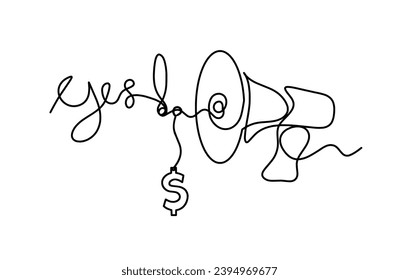 Abstract megaphone and dollar as continuous lines drawing on white background. Vector