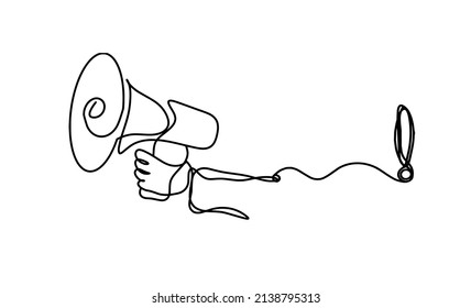Abstract megaphone with exclamation mark as continuous lines drawing on white background. Vector
