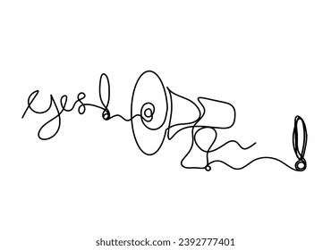 Abstract megaphone and exclamation mark as continuous lines drawing on white background. Vector