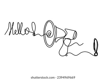 Abstract megaphone and exclamation mark as continuous lines drawing on white background. Vector