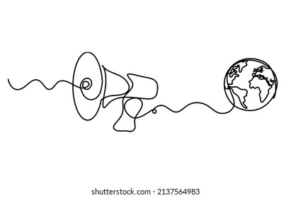 Abstract megaphone with globe as continuous lines drawing on white background