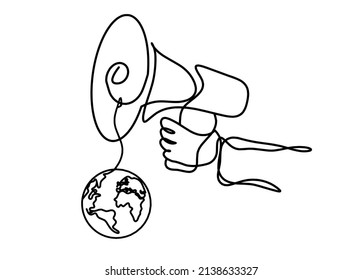 Abstract megaphone with globe as continuous lines drawing on white background. Vector