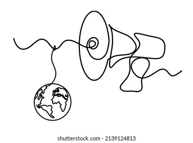 Resumen de megáfono con globo como líneas continuas dibujando sobre fondo blanco. Vector