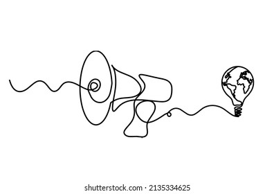 Abstract megaphone with globe light bulb as continuous lines drawing on white background. Vector