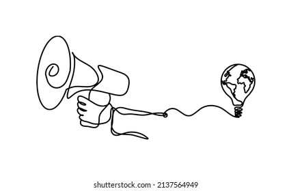 Abstract megaphone with globe light bulb as continuous lines drawing on white background. Vector
