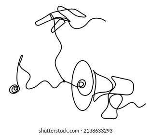 Abstract megaphone with hand as continuous lines drawing on white background. Vector