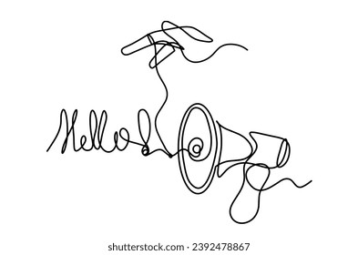 Abstract megaphone and hand as continuous lines drawing on white background. Vector