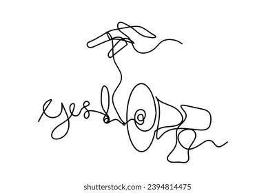 Abstract megaphone and hand as continuous lines drawing on white background. Vector