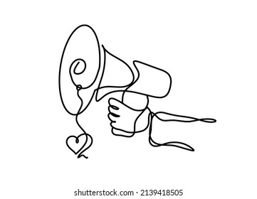 Abstract megaphone with heart as continuous lines drawing on white background. Vector