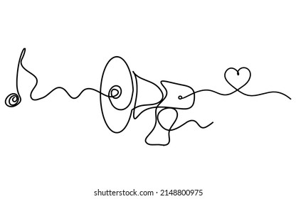Abstract megaphone with heart as continuous lines drawing on white background. Vector