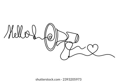 Abstract megaphone and heart as continuous lines drawing on white background. Vector