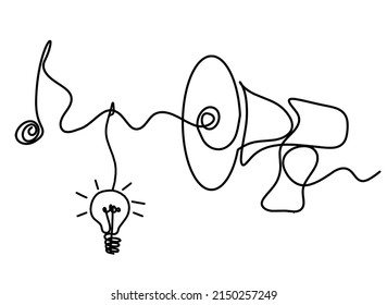 Abstract megaphone with light bulb as continuous lines drawing on white background. Vector